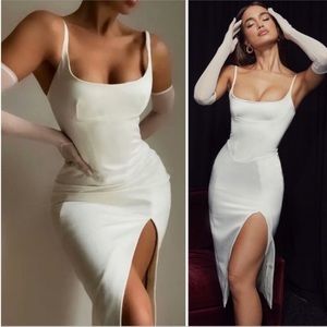 HOUSE OF CB CASIMIRA IVORY SATIN CORSET MIDI DRESS, SMALL